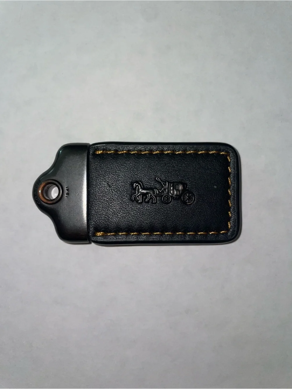 Coach Black Leather Key Tag with Gold Stitching